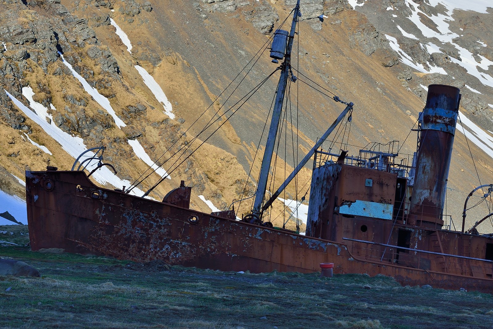 Rostendes Walfangboot am Ufer von Grytviken auf Südgeorgien