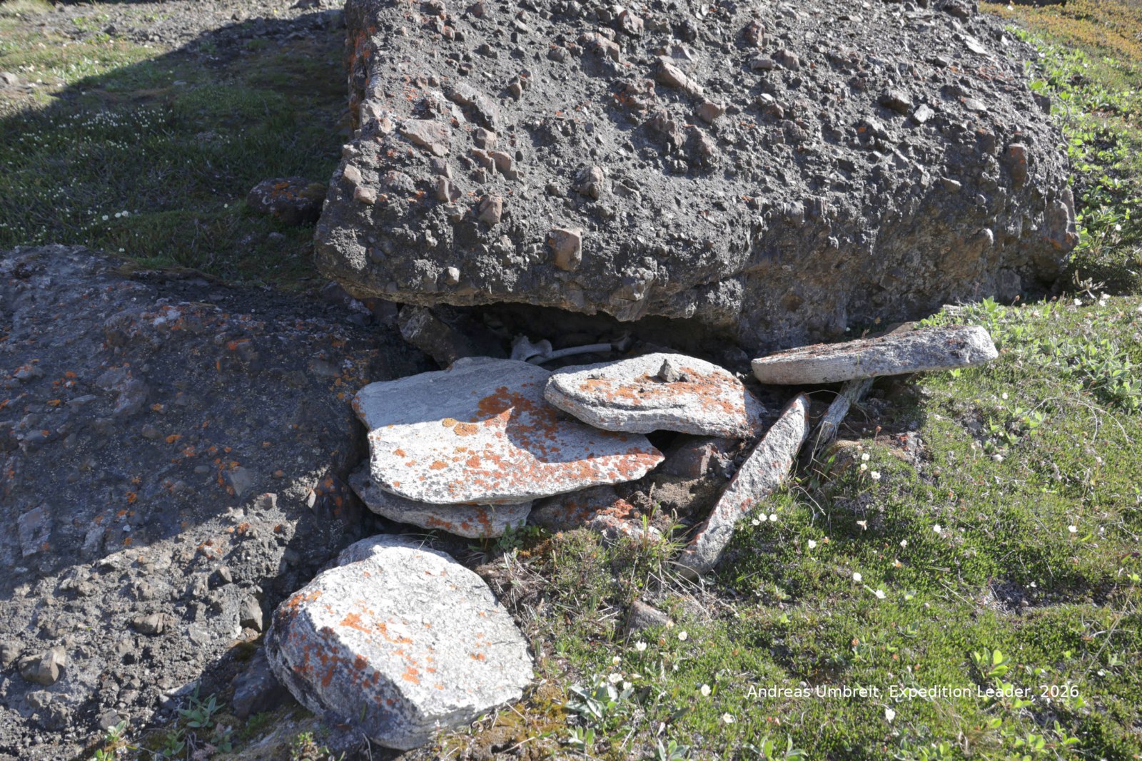 Einzelnes Steingrab mit Flechtenbewuchs bei Niaqornat, Westgrönland
