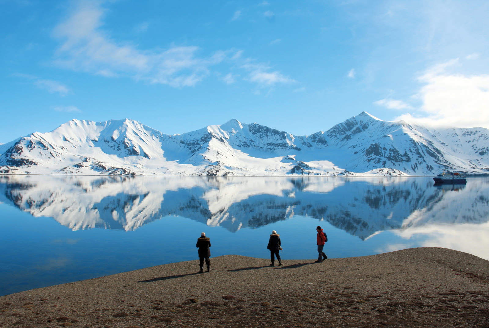 Kleine Gruppe am Ufer eines Fjords auf Spitzbergen, dahinter spiegelt sich eine verschneite Bergkette im stillen Wasser