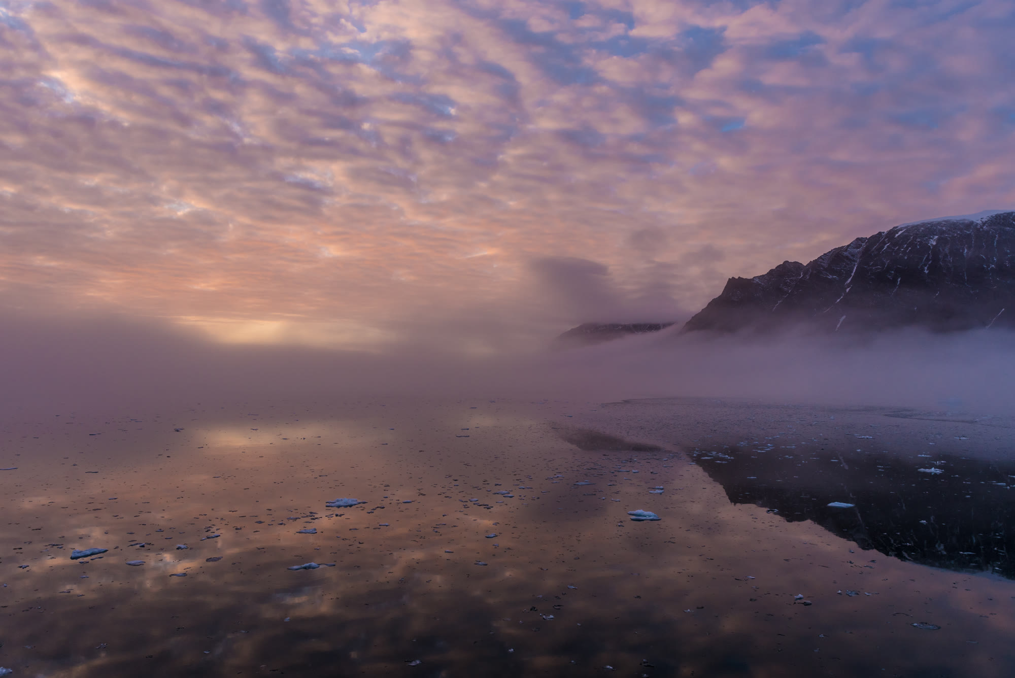 Rosa gefärbte Wolken über einem spiegelglatten Fjord auf Spitzbergen, Nebel über dem Wasser